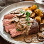 Pink-Roasted-Steak-with-Mushroom-Sauce
