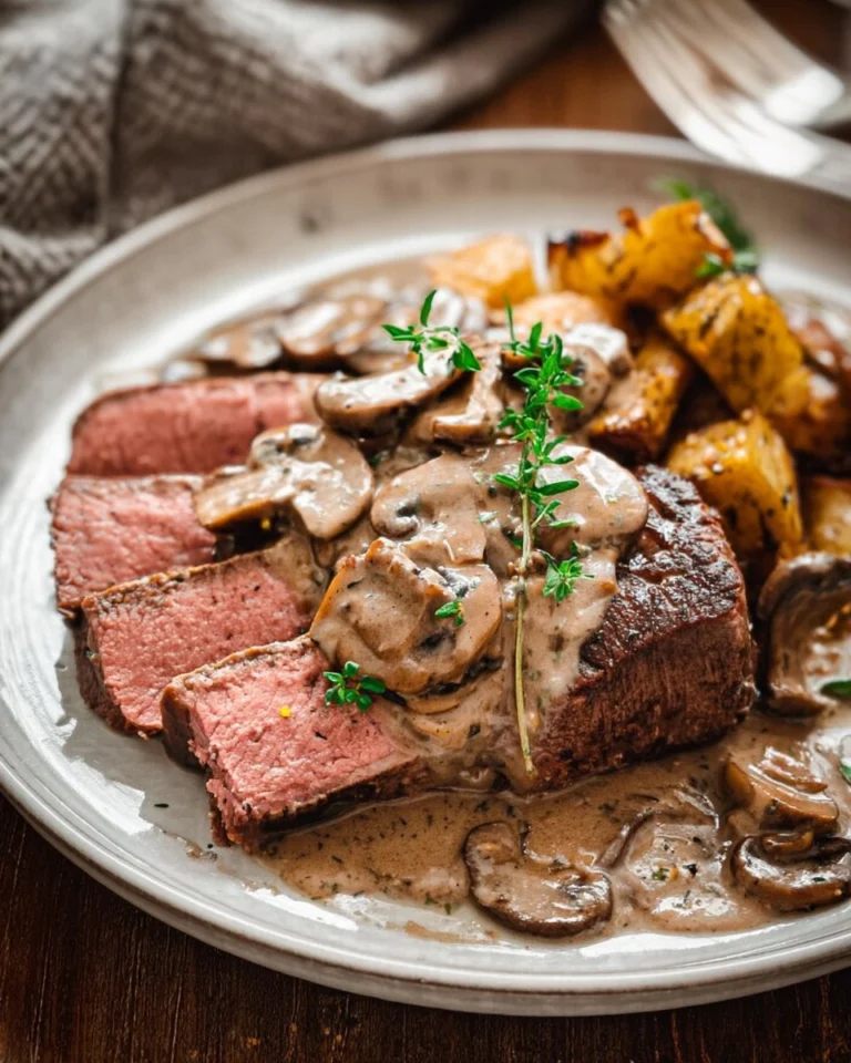 Pink-Roasted-Steak-with-Mushroom-Sauce