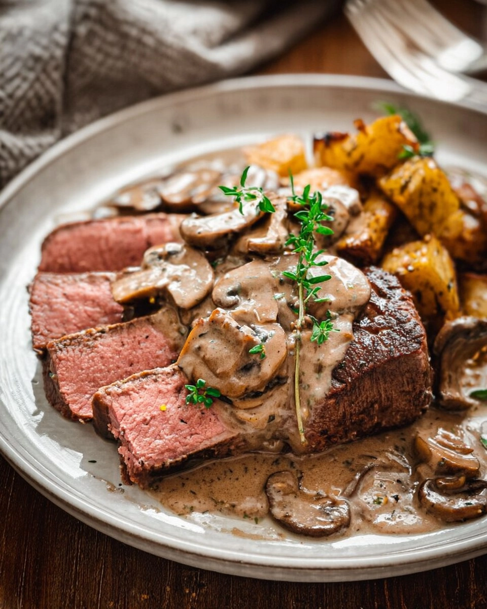 Pink Roasted Steak with Mushroom Sauce