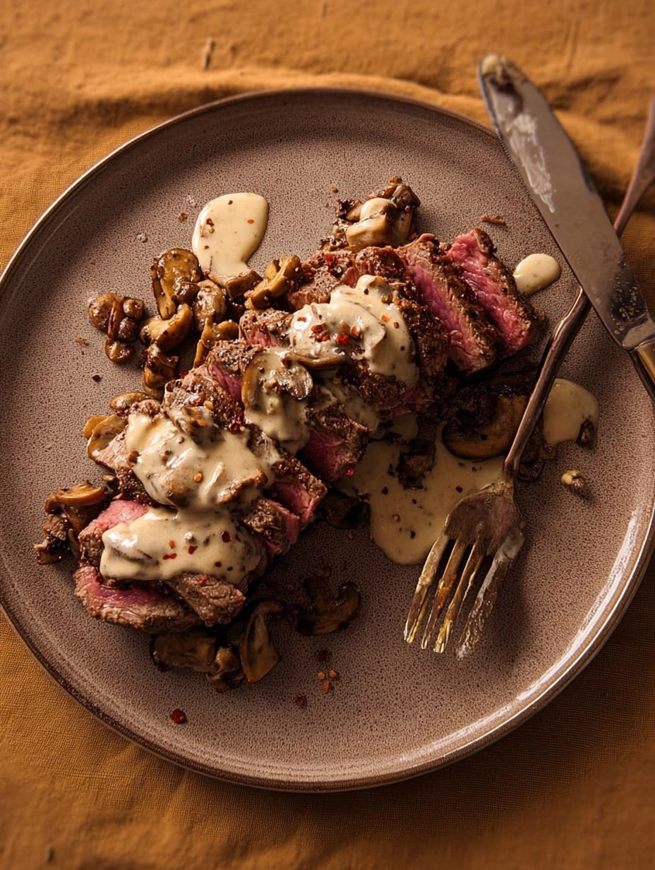 Pink Roasted Steak with Mushroom Sauce