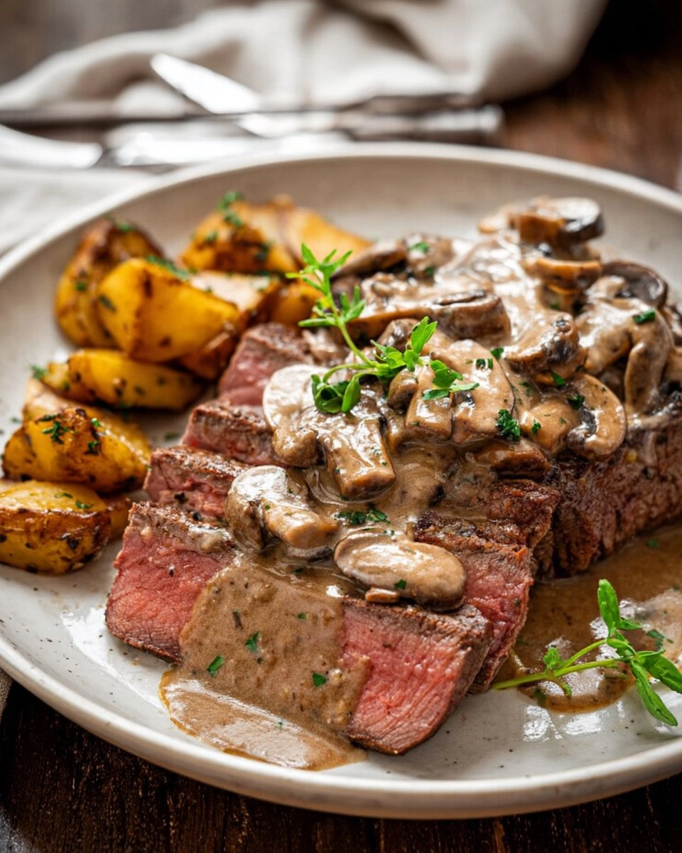 Pink Roasted Steak with Mushroom Sauce