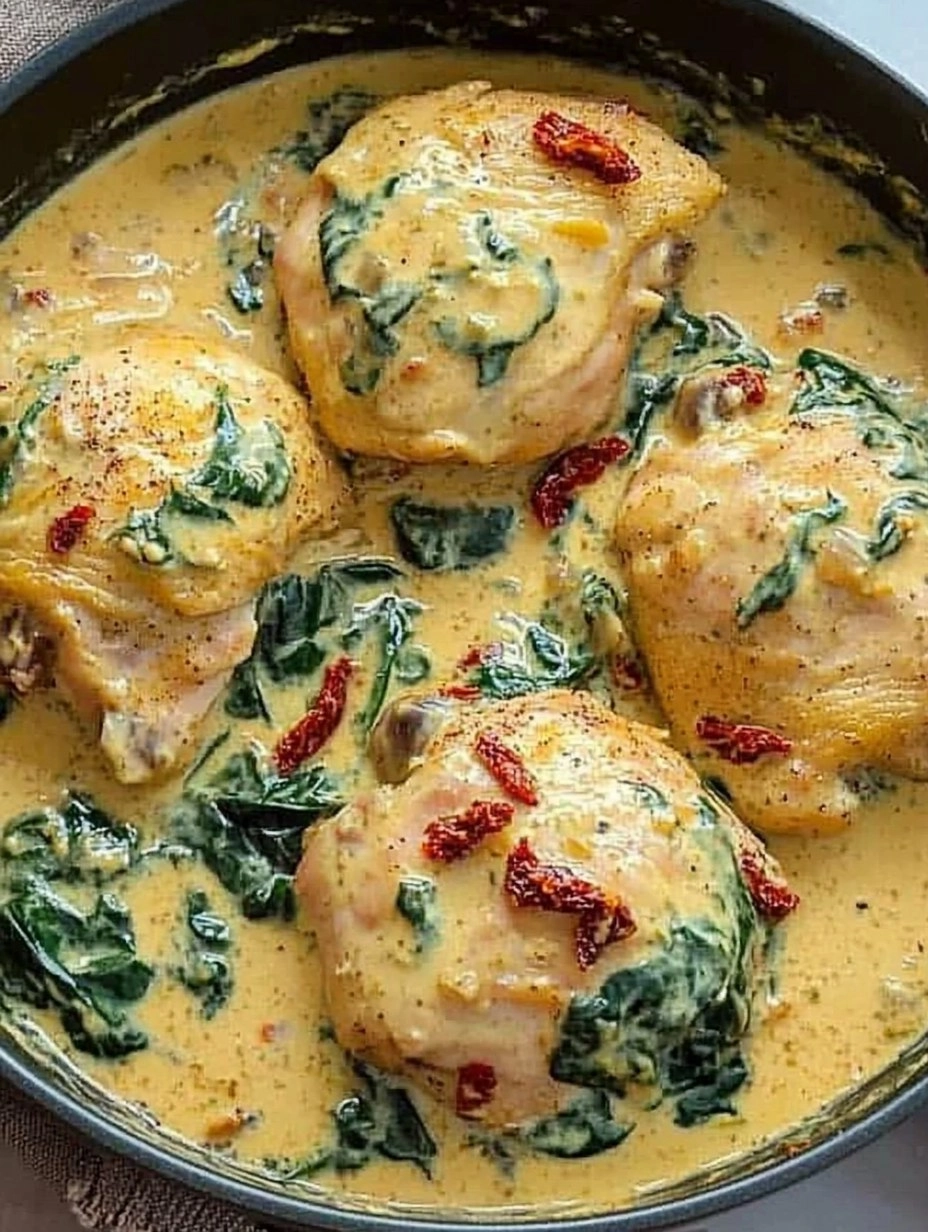 One-Pan Creamy Tuscan Chicken Thighs with Spinach & Sun-Dried Tomatoes