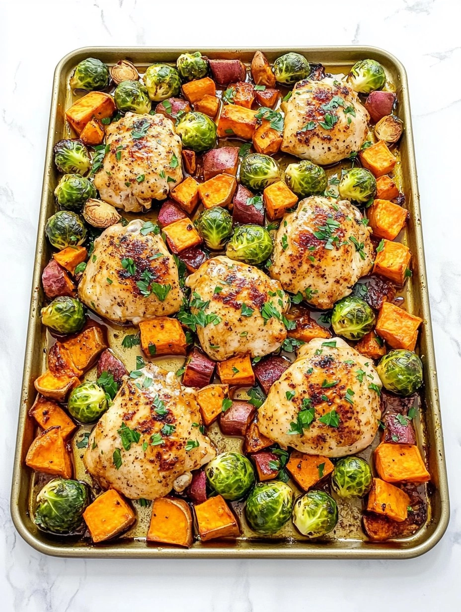Sheet-Pan Maple Dijon Chicken with Brussels Sprouts & Sweet Potatoes