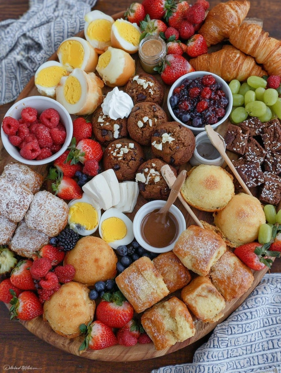 Spring Brunch Board with Eggs, Pastries, Fruit & Dips