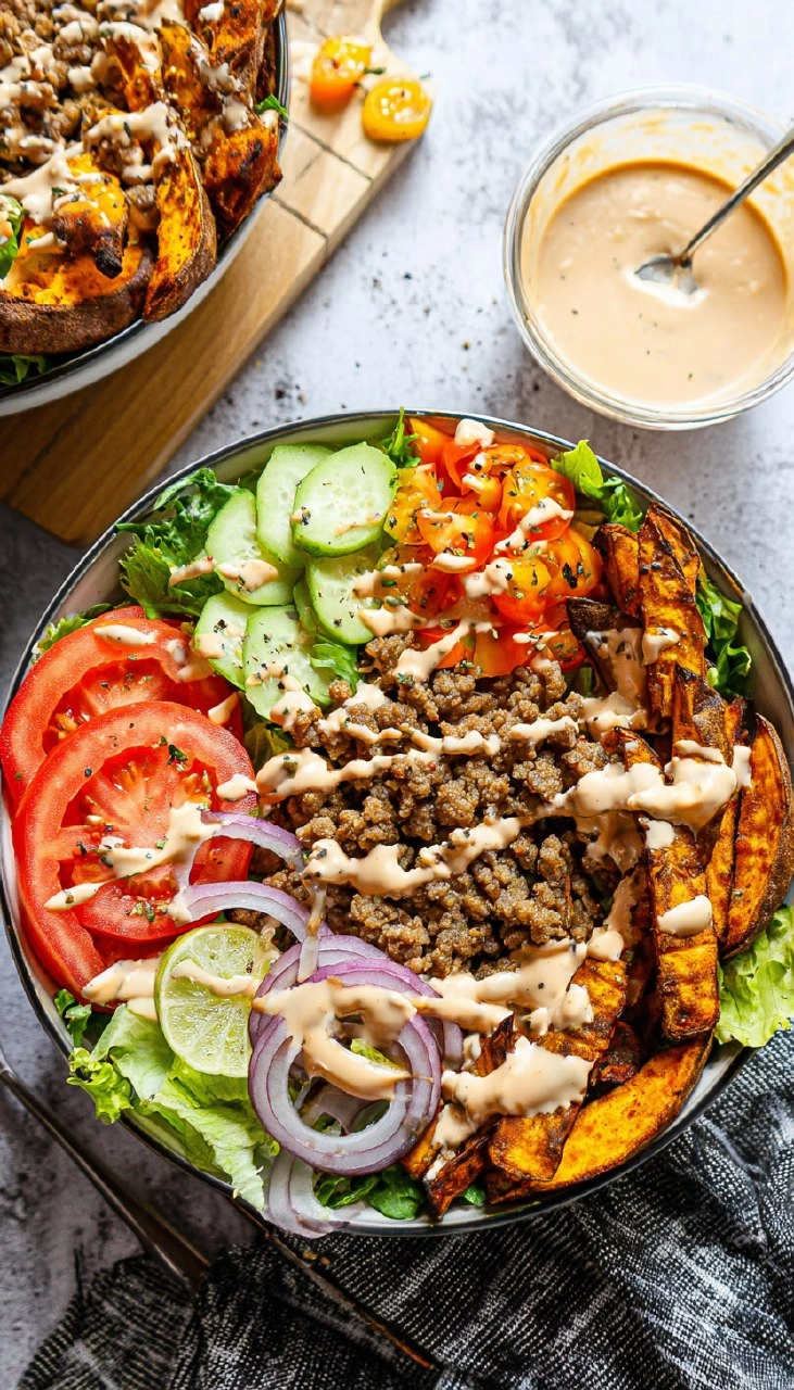 Burger Bowls with Chipotle Ranch Sweet Potato Fries