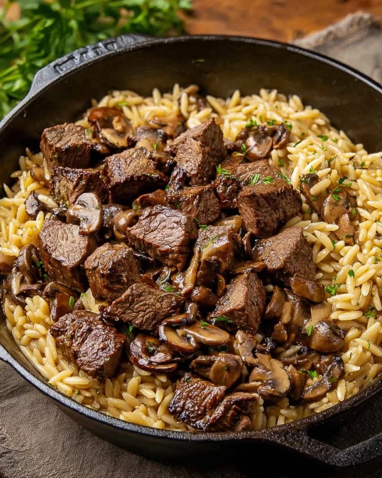 Steak-Bites-with-Creamy-Mushroom-Orzo-Recipe
