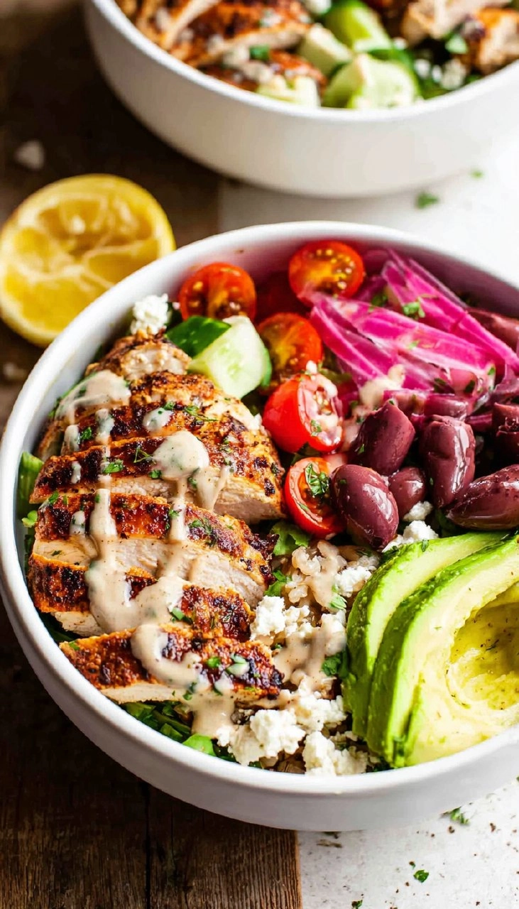 Greek Chicken Bowls with Lemon Garlic Tahini Sauce (Healthy Mediterranean Bowls)