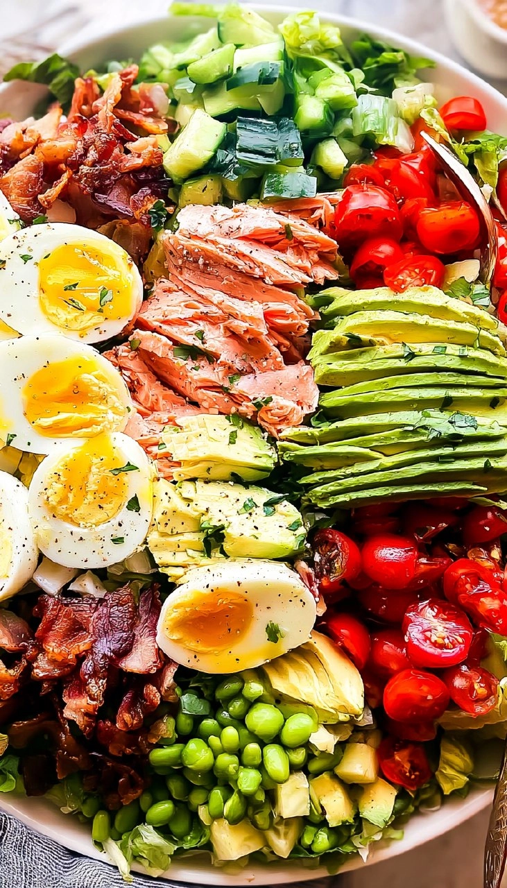 Salmon Cobb Salad with Avocado and Bacon (Whole30, Keto) 125 Salmon Cobb Salad with Avocado and Bacon (Whole30, Keto)