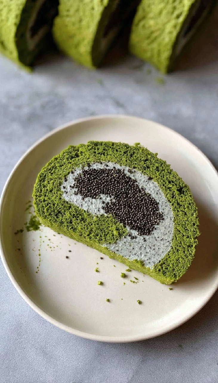 Matcha Swiss Roll Cake with Black Sesame Mousse