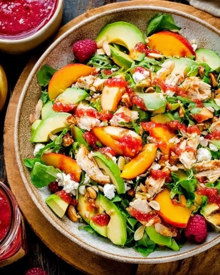 Chicken-Salad-with-Peaches-Avocado-Fresh-Raspberry-Dressing-Recipe