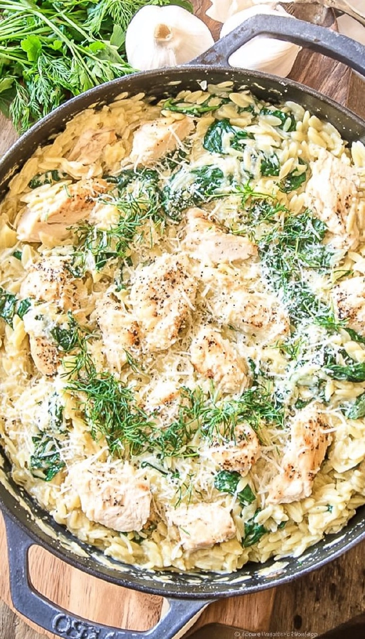 One Pot Spinach Artichoke Chicken Orzo