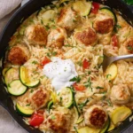 Summer-Squash-Orzo-Skillet-with-Chicken-Meatballs-Recipe