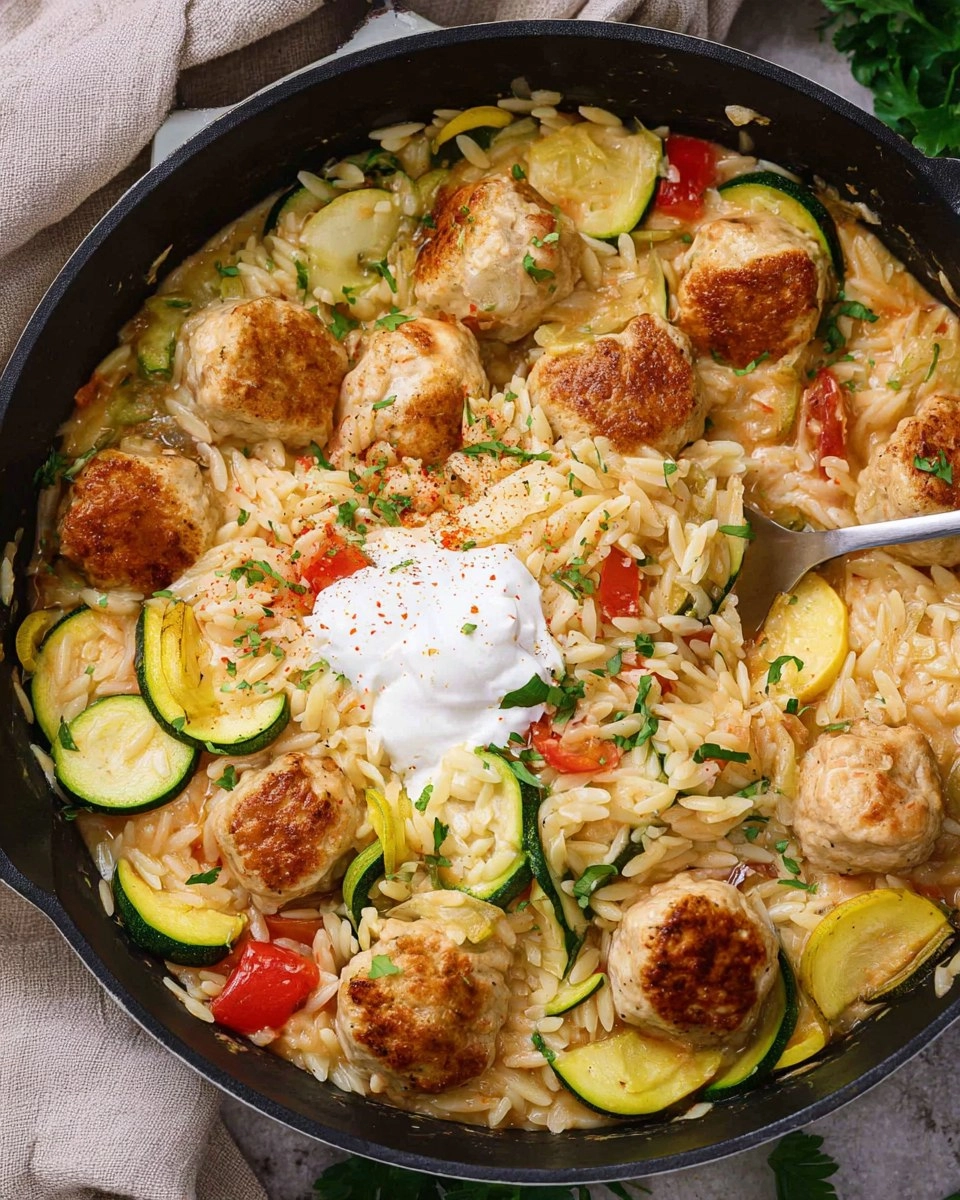 Summer Squash Orzo Skillet with Chicken Meatballs