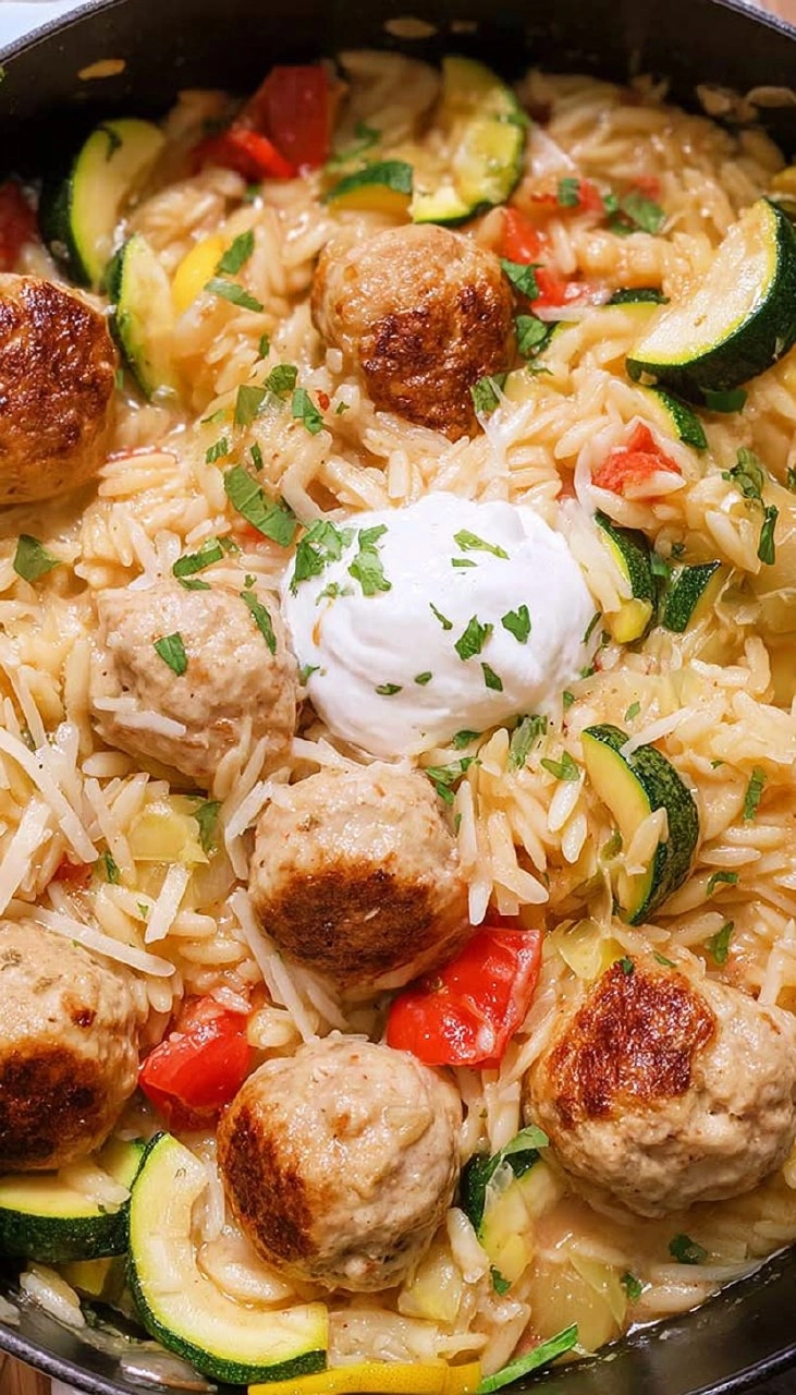 Summer Squash Orzo Skillet with Chicken Meatballs